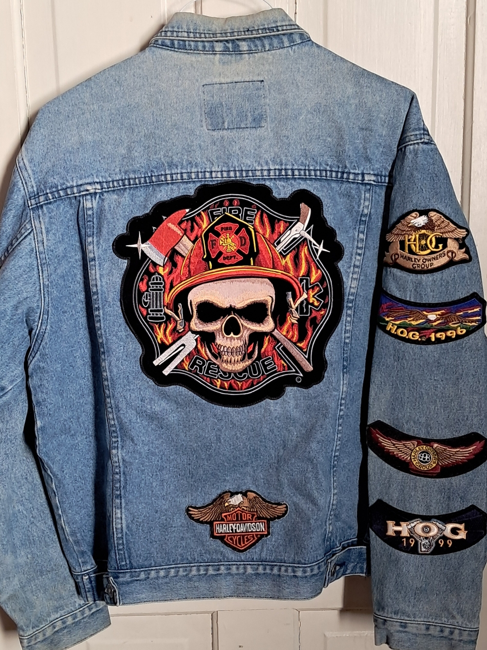 Denim Jacket with Fire Rescue Skull & Motorcycle Patches